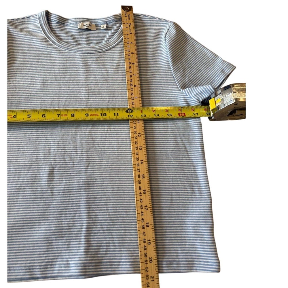 Sunday Best Aritzia Womens Blue White Striped Ribbed Crew Neck T-Shirt Size L - Picture 3 of 5